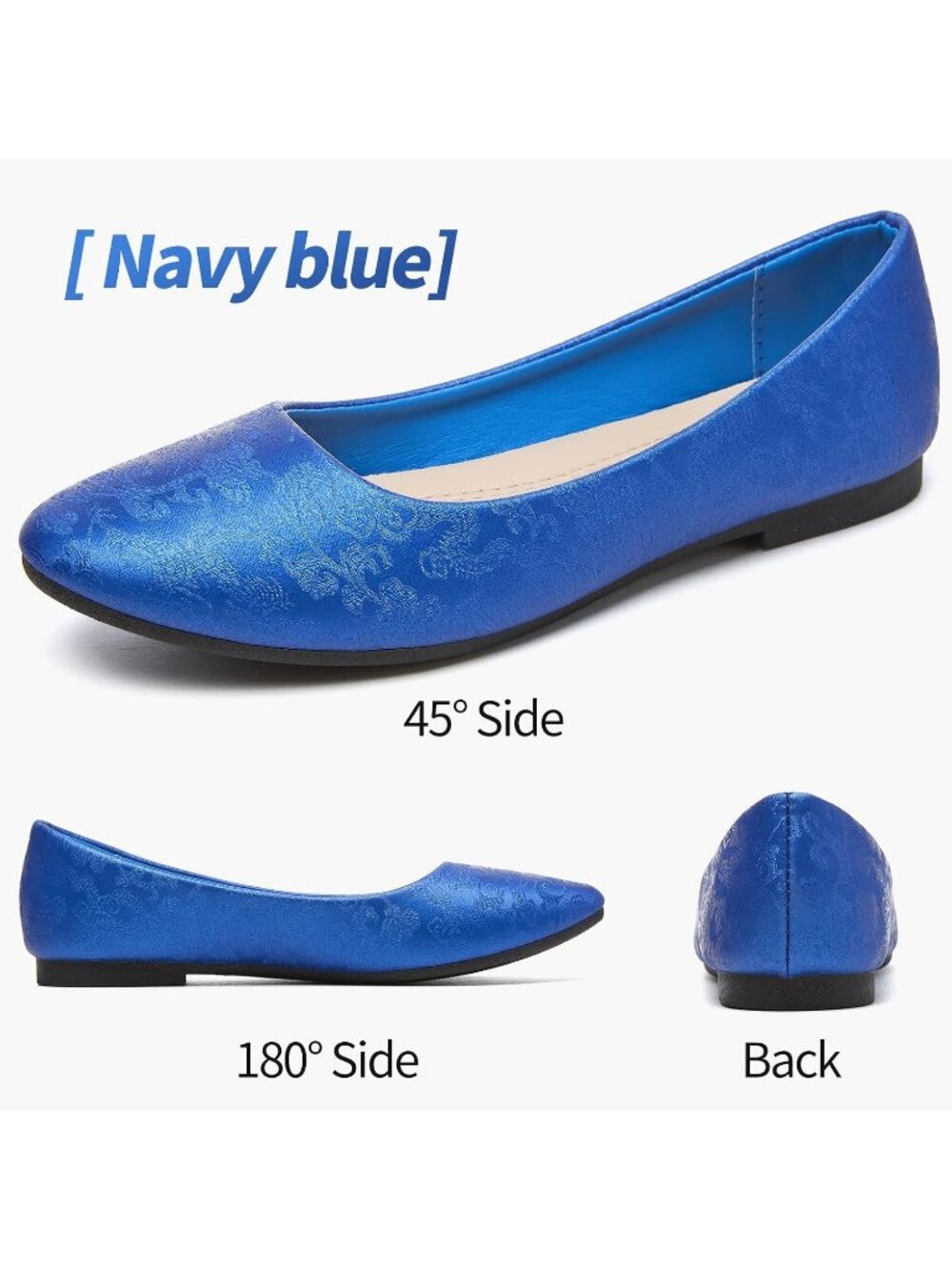 Women's Navy Embroidery PU Leather Ballet Flats Slip on Casual Loafers Shoes - Picture 3 of 7